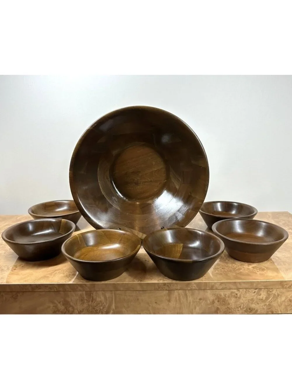 Vintage Vermillion Real Walnut 7 Pc Salad Bowl Set MCM Springfield Missouri